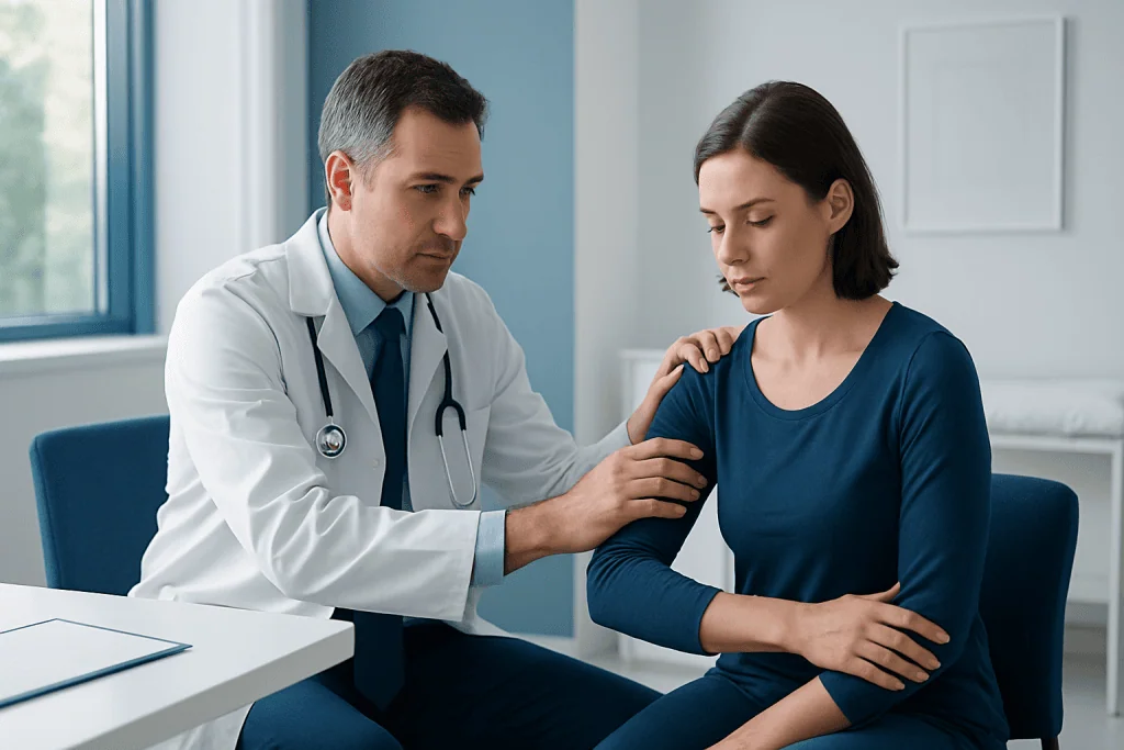 Doctor examining a woman's shoulder in a medical consultation room.