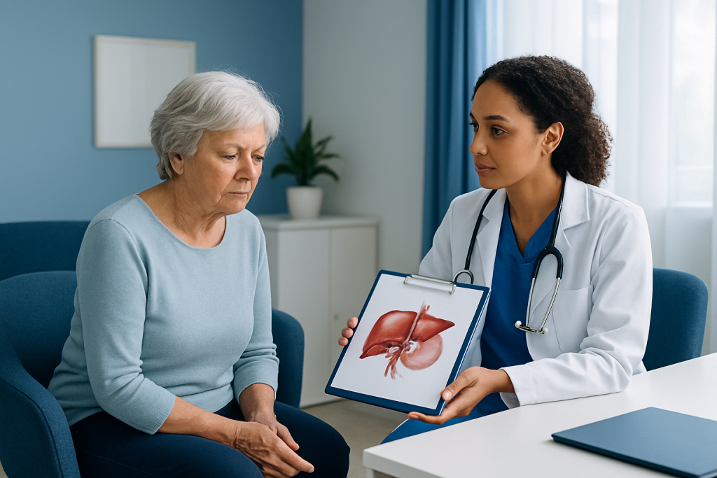 Doctor explaining liver anatomy to elderly woman in consultation room.