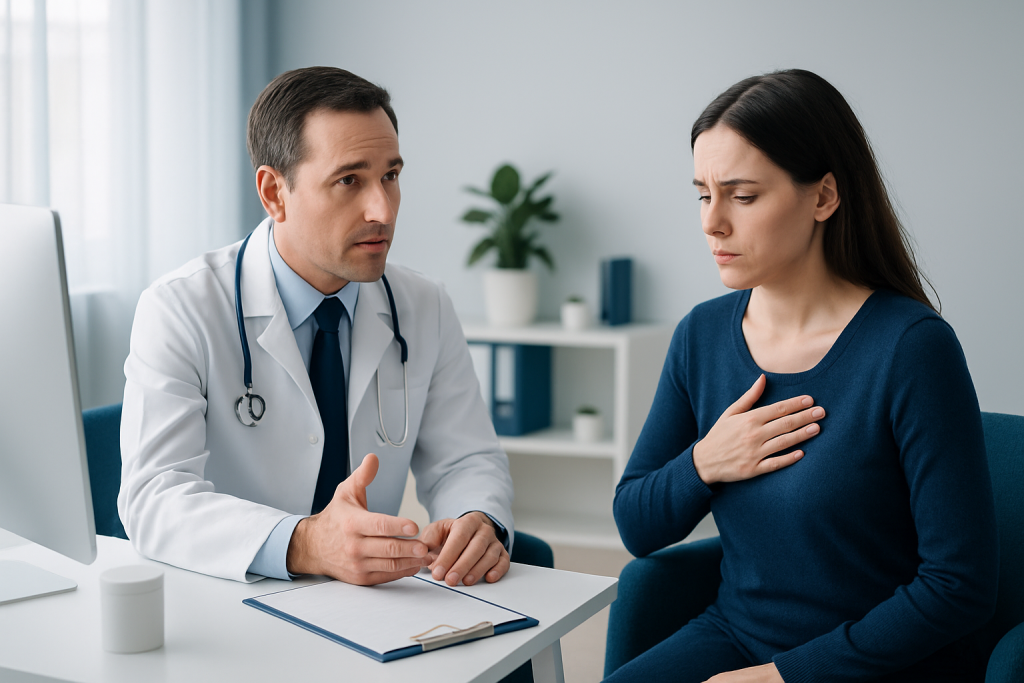 Doctor consulting a patient about symptoms in a medical office.