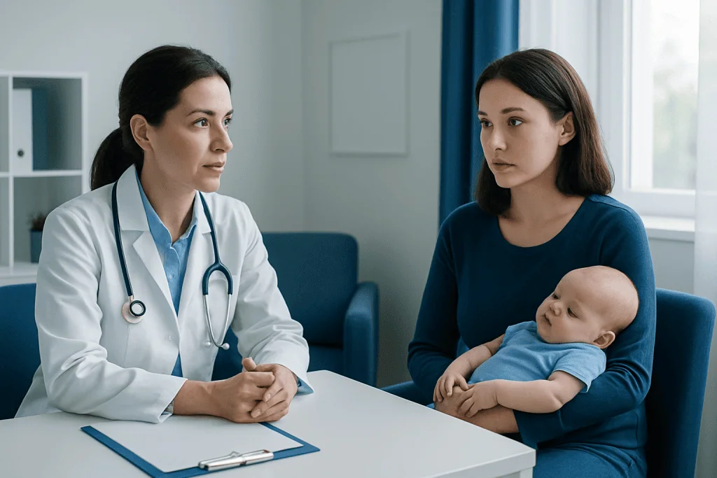 Pediatric consultation with doctor and mother holding baby in clinic.