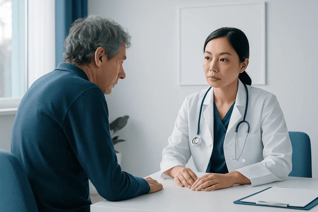 Doctor consulting with an elderly male patient in a medical office.