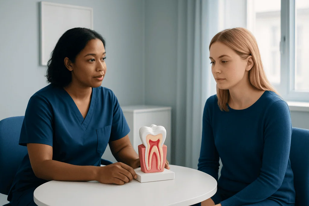 Dentist explaining dental anatomy to patient with model of tooth.