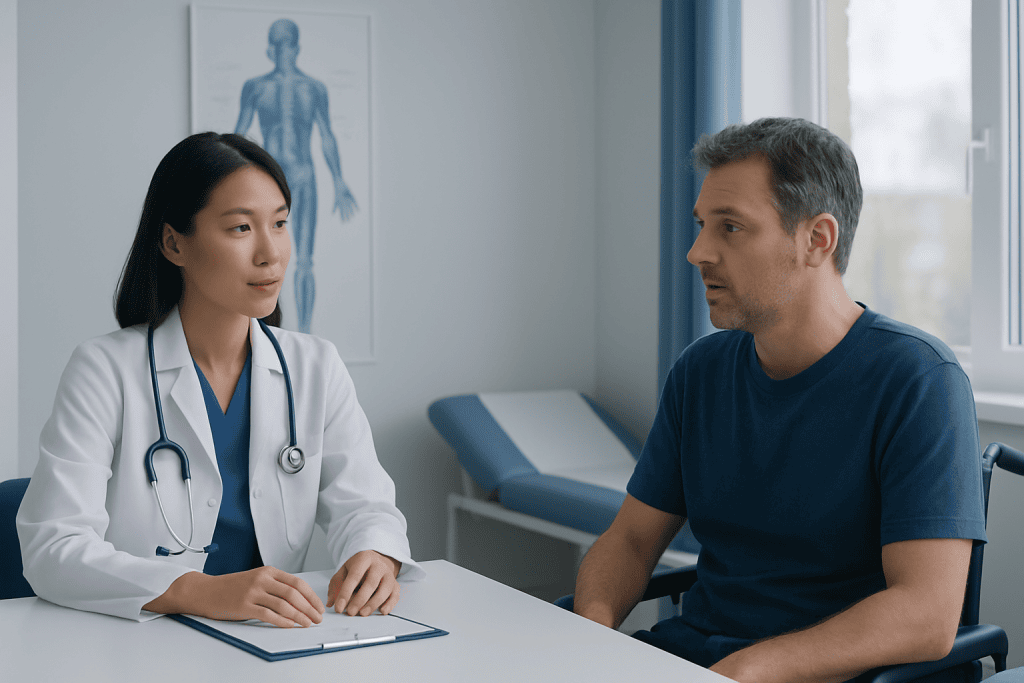 Doctor consulting with patient in a medical office setting.