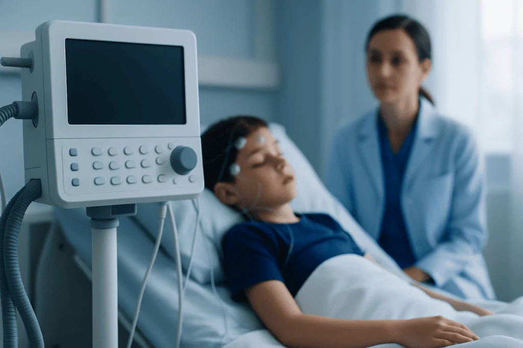 Child undergoing sleep study with medical equipment in hospital.