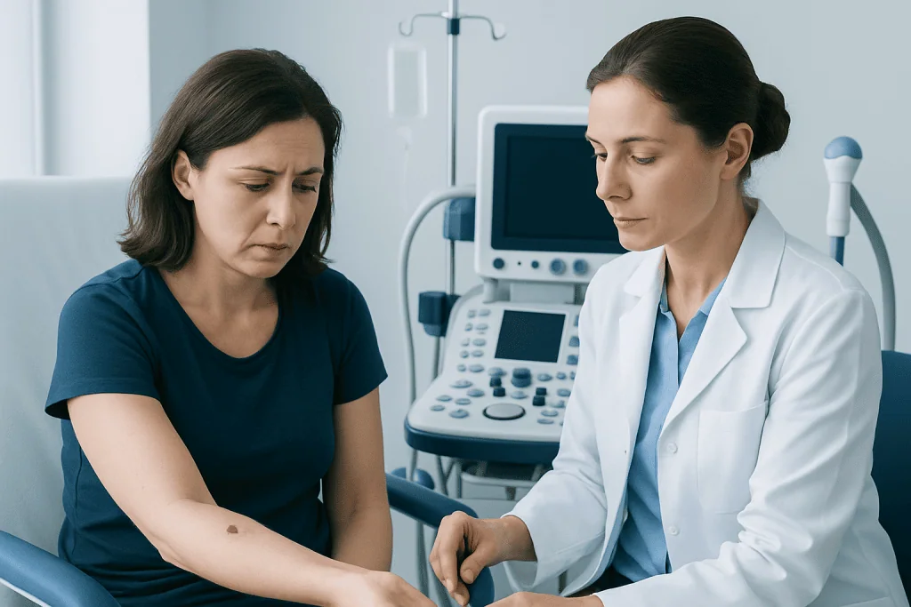 Doctor examines a patient with bleeding in a hospital setting.