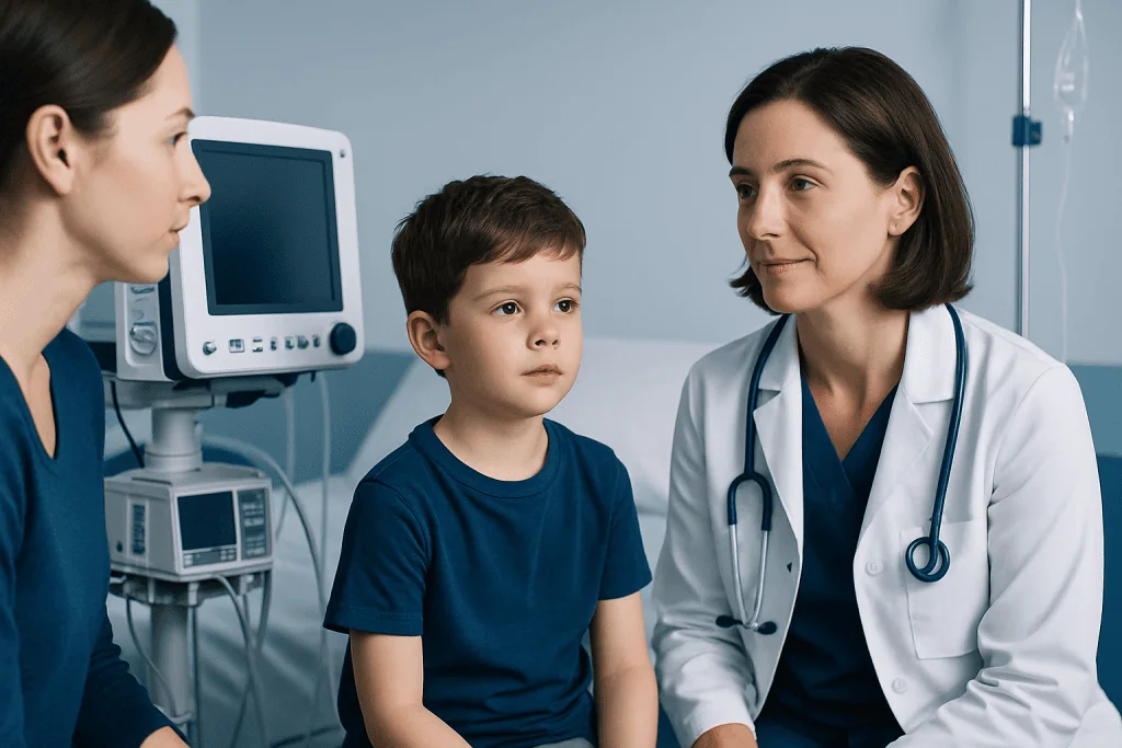 Doctor consulting young boy in hospital room with medical equipment.