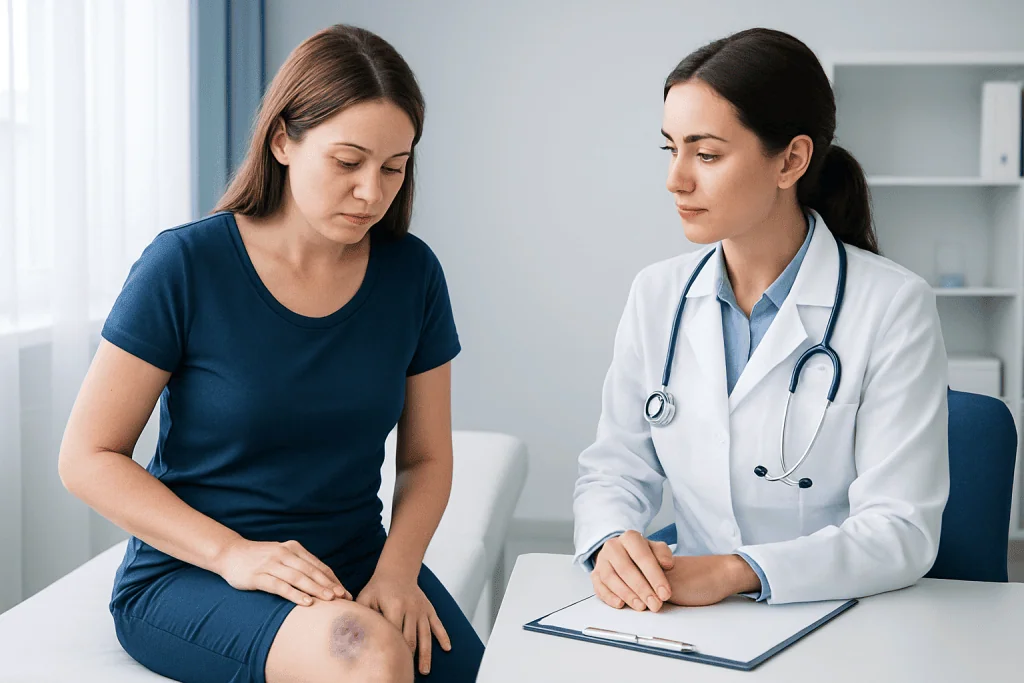 Doctor examining a patient's knee bruise in a clinical setting.