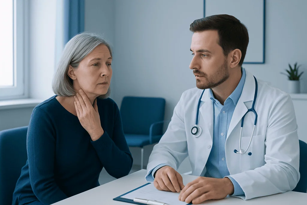 Doctor consulting with an elderly woman about carotid artery health.