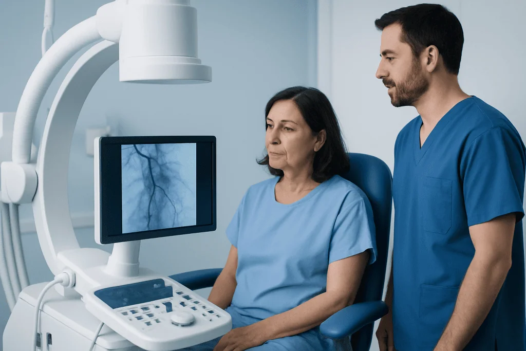 Medical professionals review a patient's heart scan in a hospital setting.