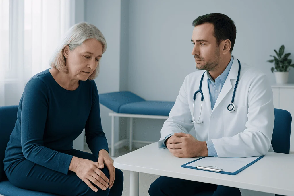 Doctor consulting with an elderly woman about knee treatment options.