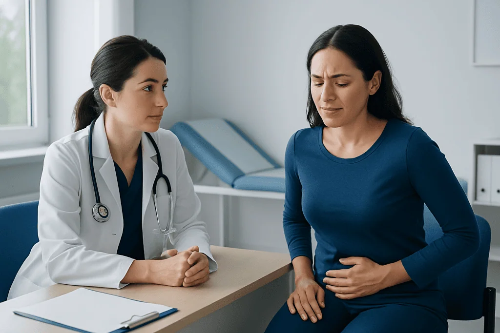 Doctor consulting a woman with stomach pain in a medical office.