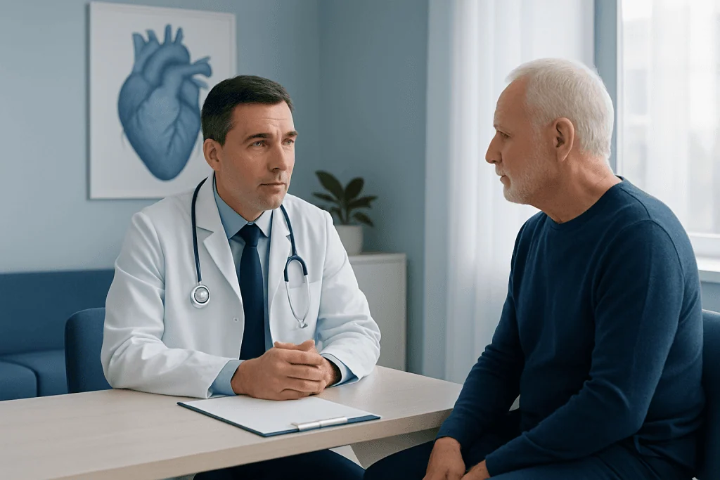 Doctor consulting with an elderly patient in a medical office.
