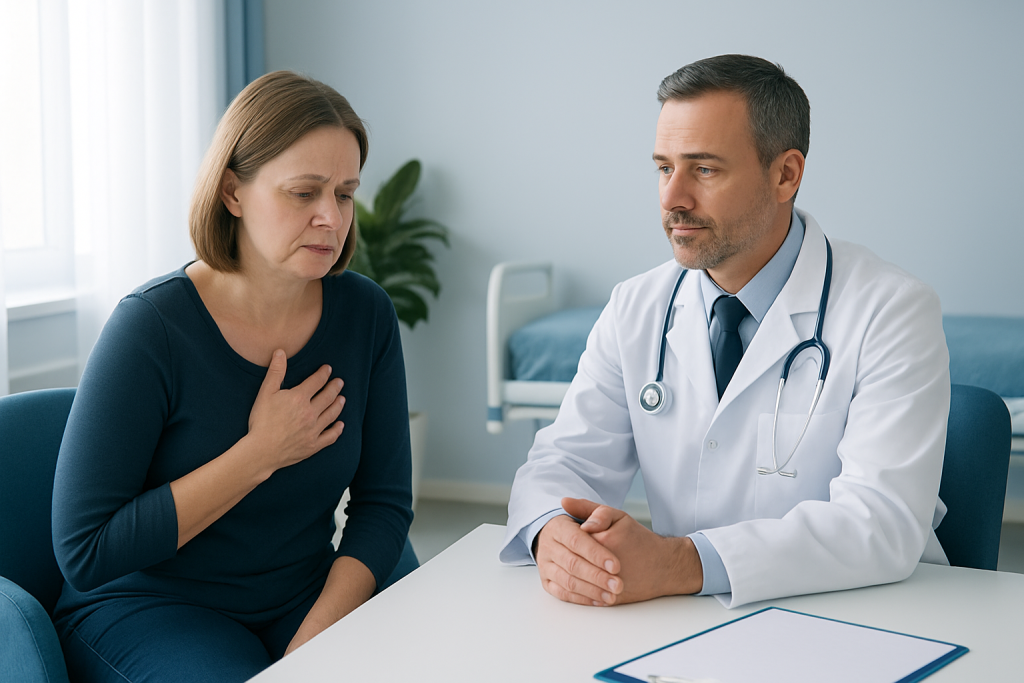 Doctor consulting with a woman patient in a medical office setting.