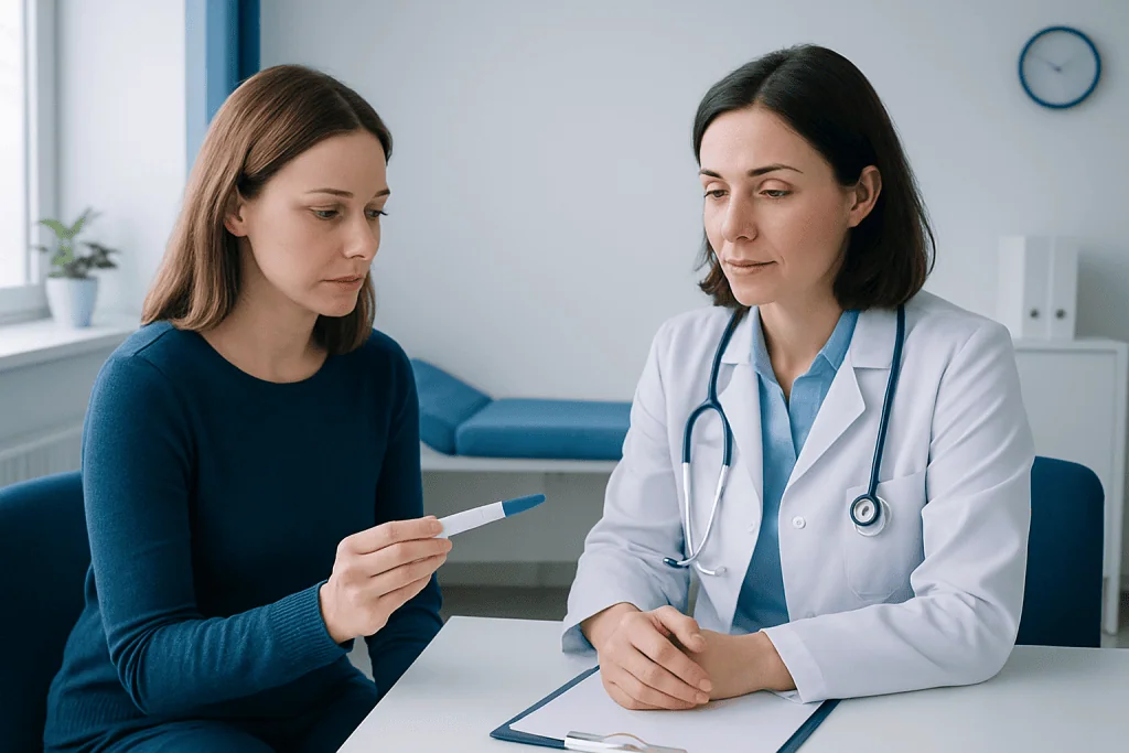 Patient consulting with doctor about pregnancy test results at Acibadem Hospital.
