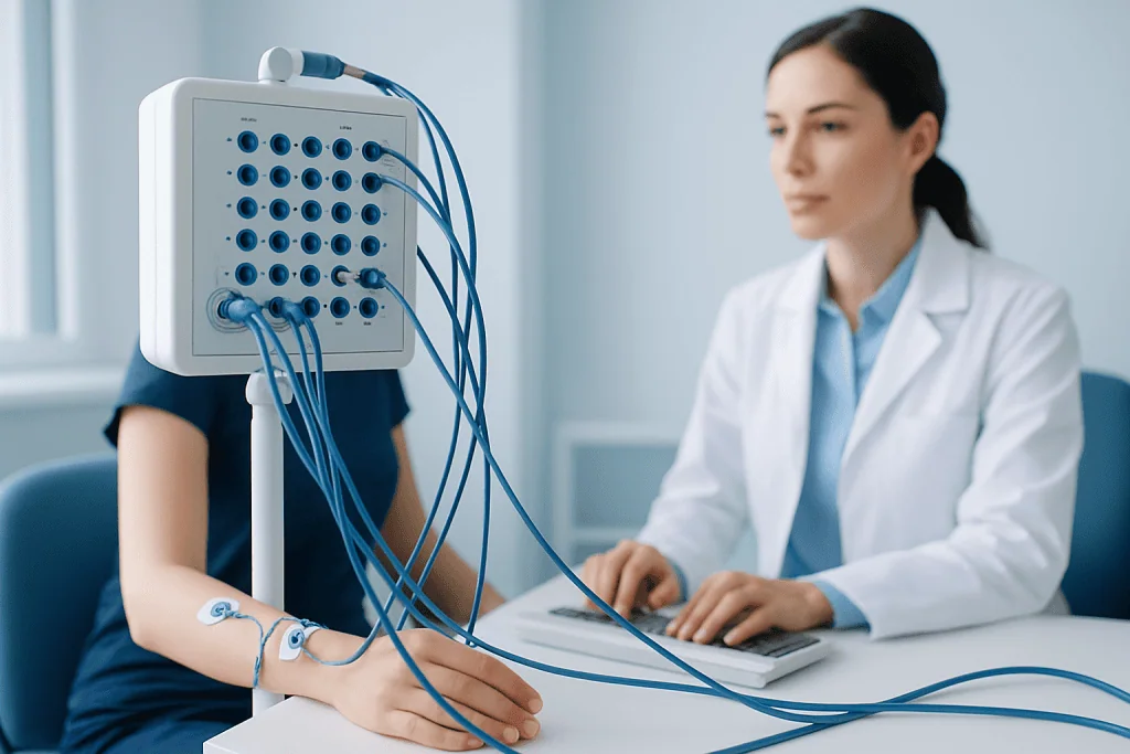 Electromyography (EMG) test being performed in a medical clinic setting.