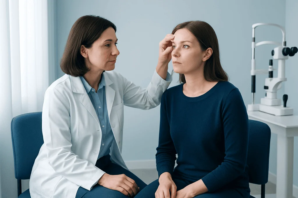 Optometrist examines patient's eyes during an eye check-up at a clinic.