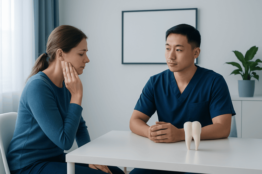 Patient consulting with dentist about tooth extraction procedure.
