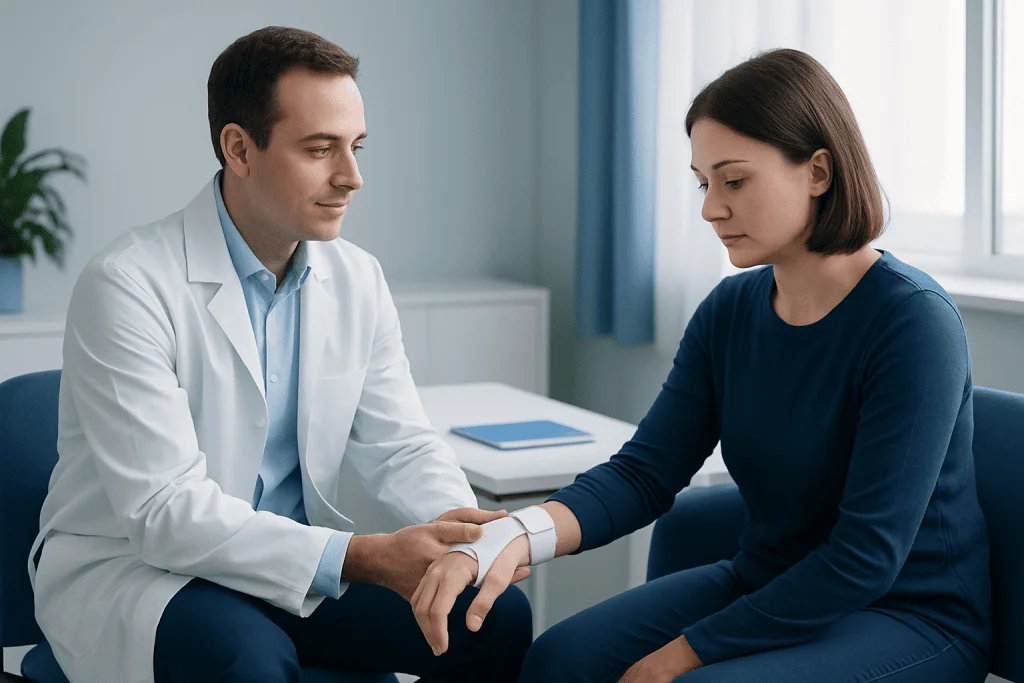 Doctor examining patient's wrist in a medical consultation room.