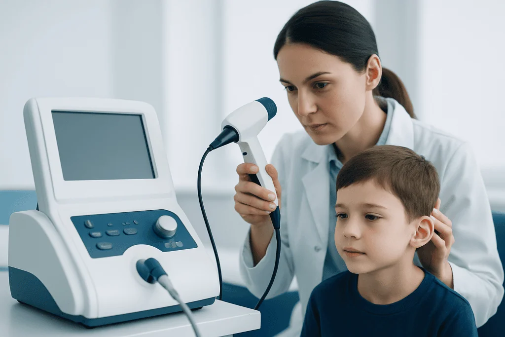 Pediatric ear examination using otoscope at Acibadem Hospital.