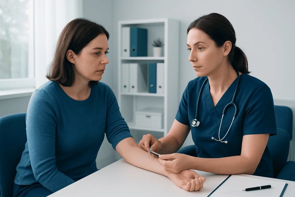Doctor drawing blood from a patient in a clinical setting.
