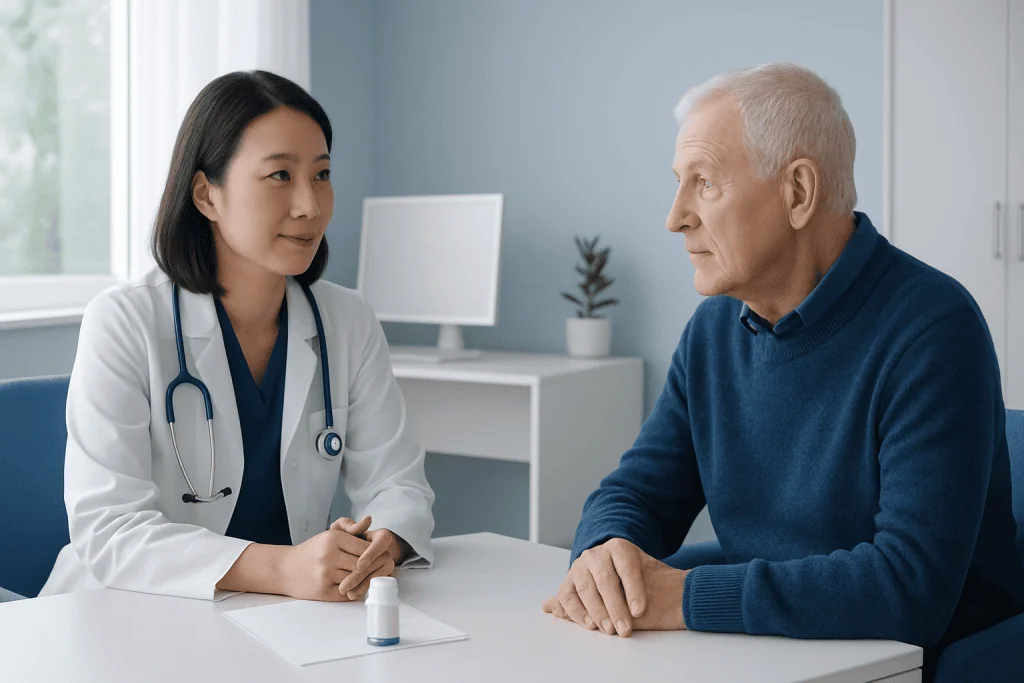Doctor consulting with elderly patient in a medical office.