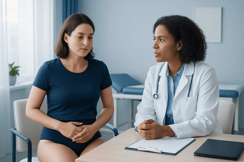 Doctor consulting with a young woman patient in a medical office.