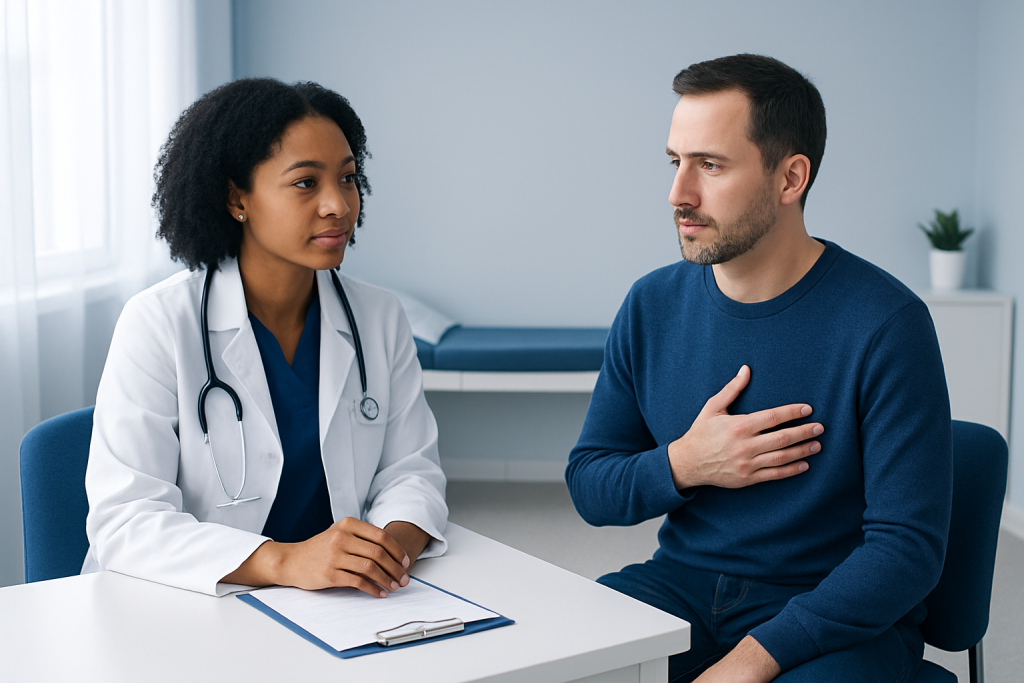 Doctor consulting with male patient in a medical office setting.
