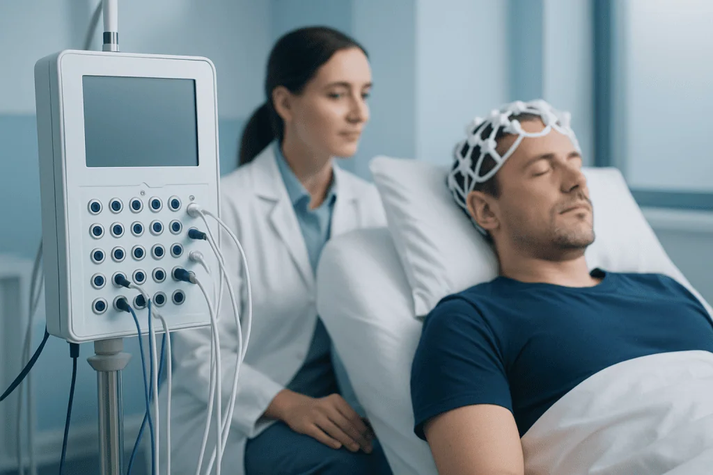 Patient undergoing sleep study at Acibadem Hospital for neurological sleep disorders.