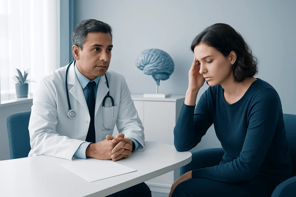 Doctor consulting with a woman patient about sleep issues in a medical office.