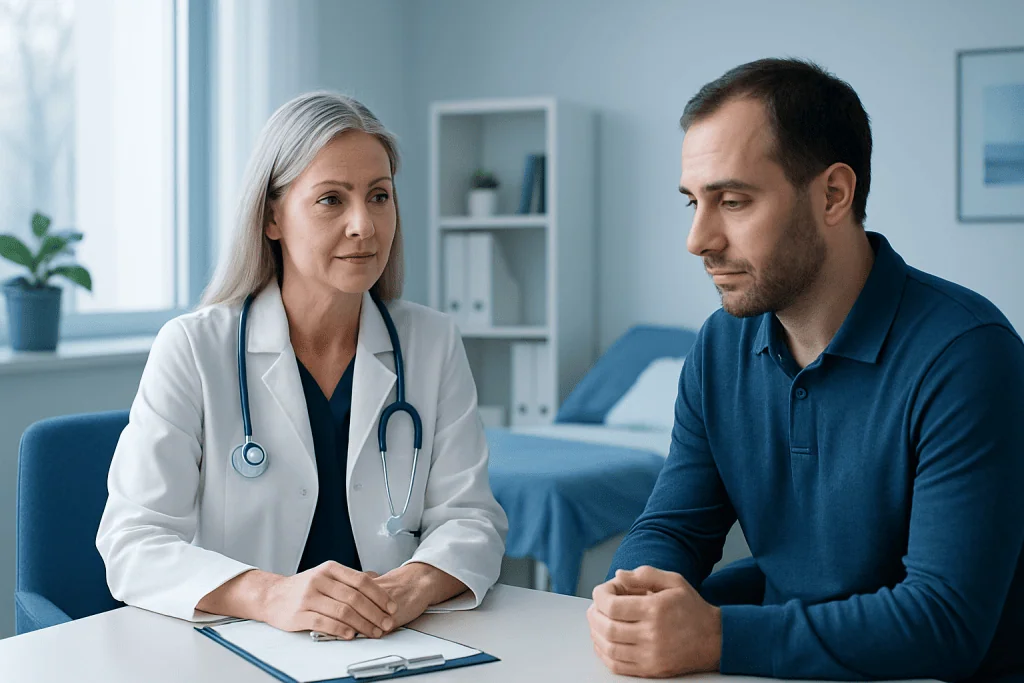 Doctor consulting with a patient in a medical office setting.