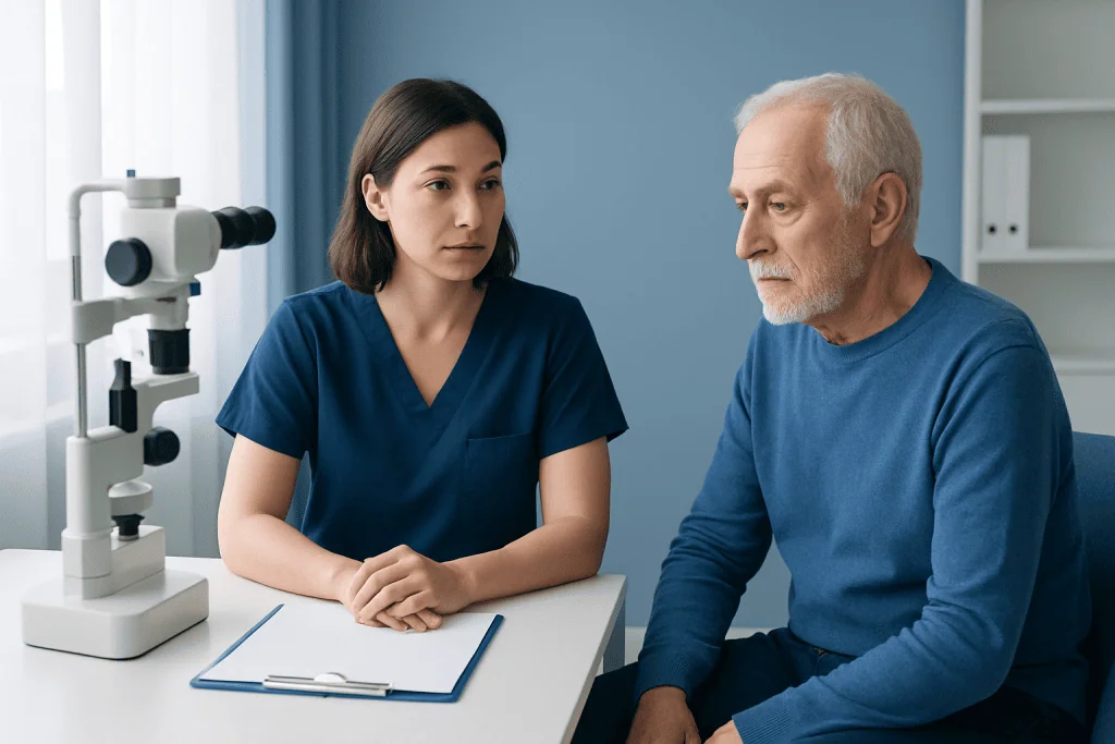 Ophthalmologist consulting elderly patient about eye health at clinic.