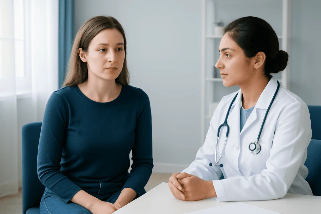 Doctor consulting with a young woman in a medical office.