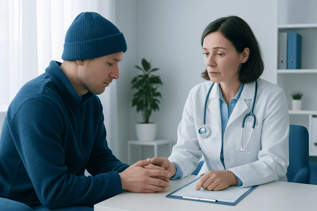 Doctor consulting with a young male patient in a medical office.