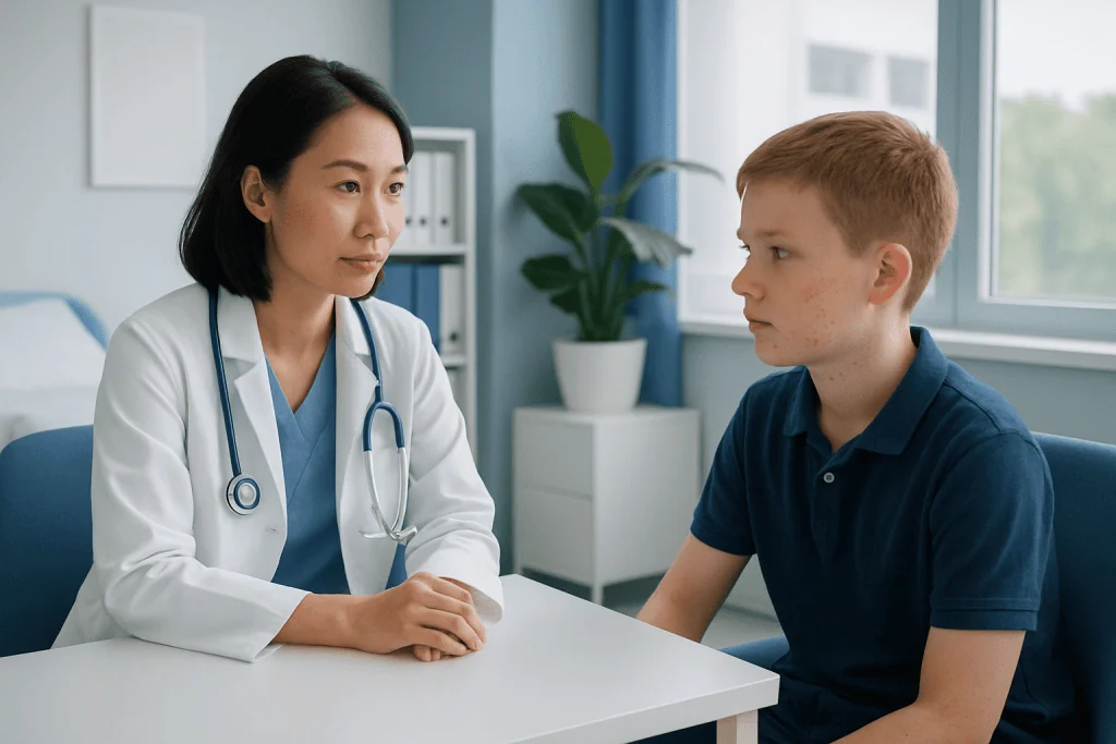 Doctor consulting a young boy in a medical office at Acibadem Hospitals Group.