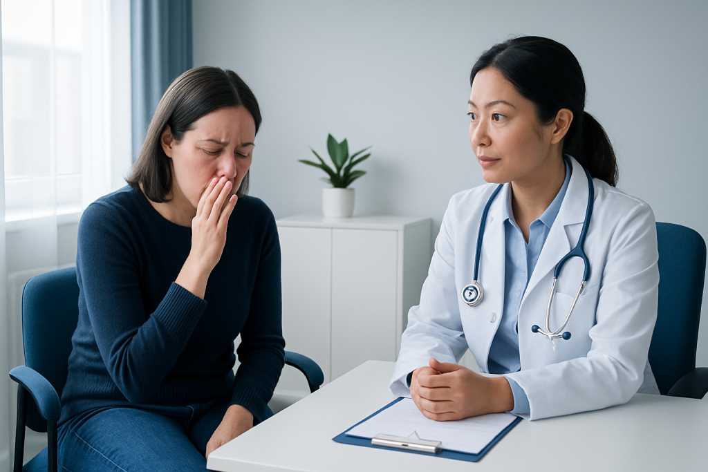 Doctor consulting a patient with cold symptoms in a clinic setting.