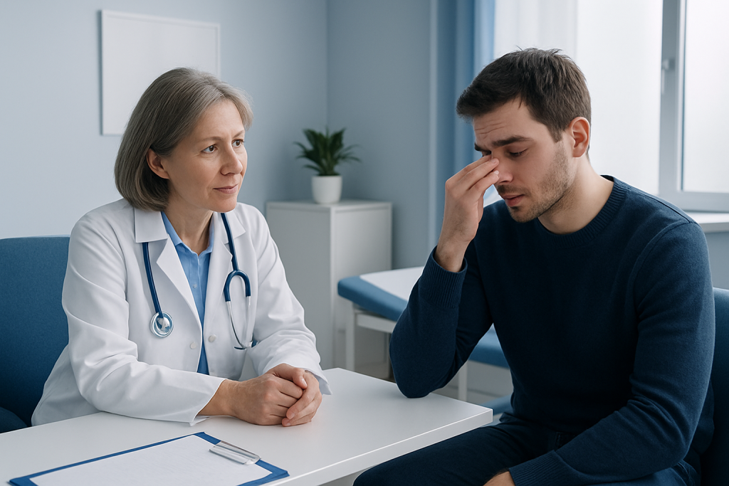 Doctor consulting with a young male patient in a medical office.