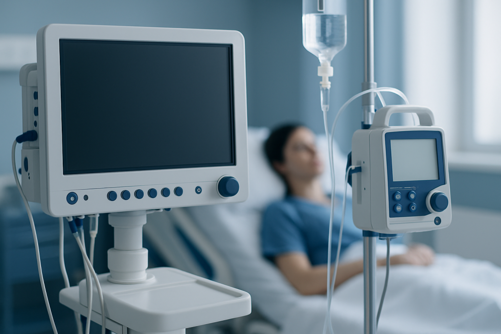 Hospital patient connected to IV drip and monitoring equipment.