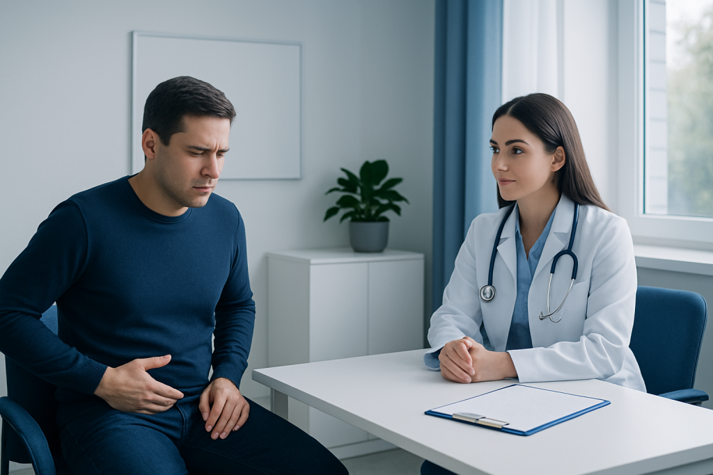 Doctor consulting male patient about health issue in clinic.