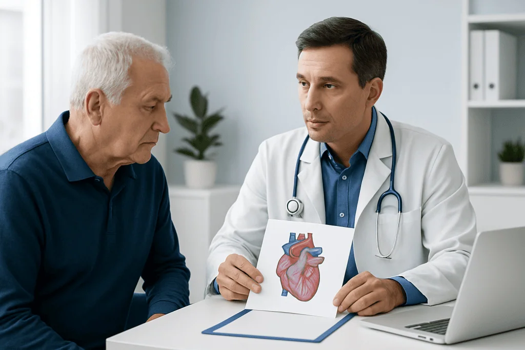 Cardiologist explaining heart health to an elderly patient with heart diagram.