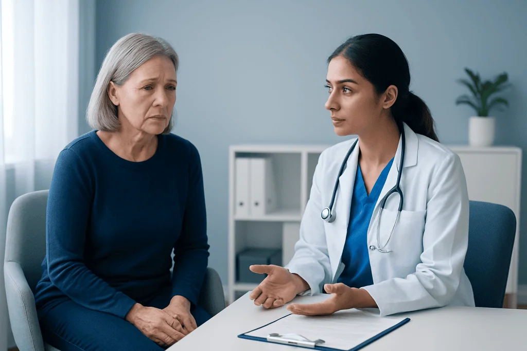 Doctor consulting with an elderly woman in a medical office.