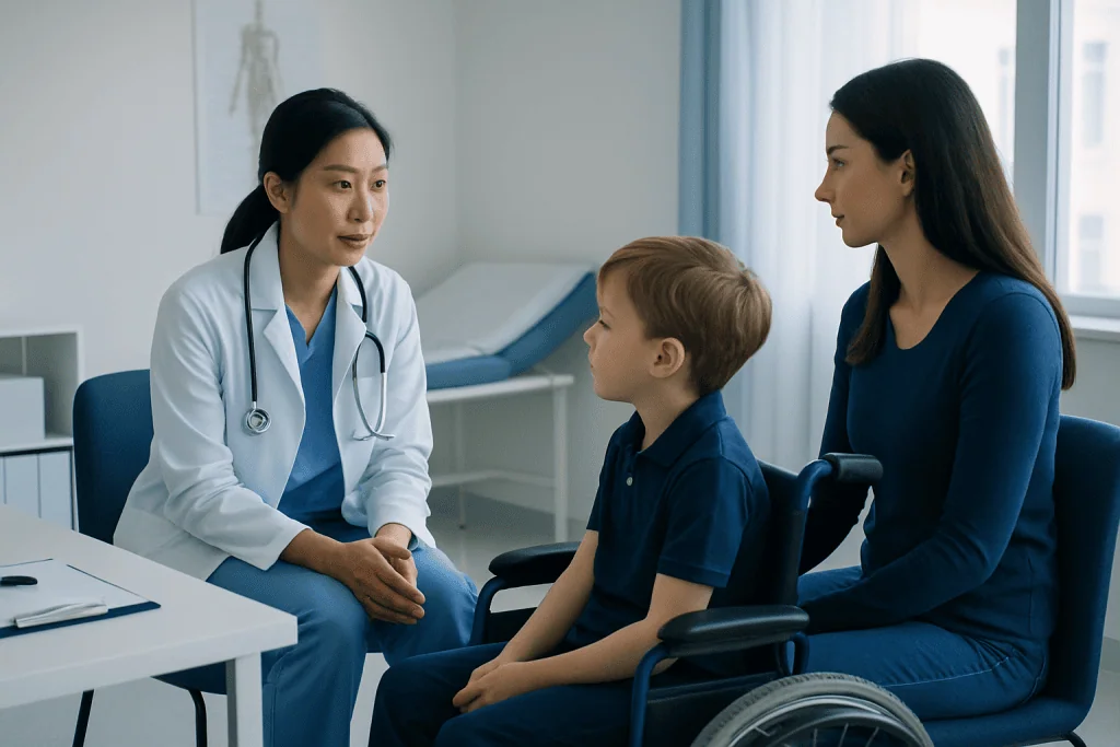 Doctor consulting with a young boy and his mother in a hospital room.