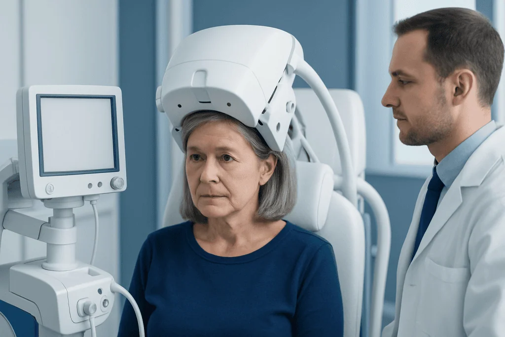 Medical professional conducts brain scan on an elderly woman in a hospital.