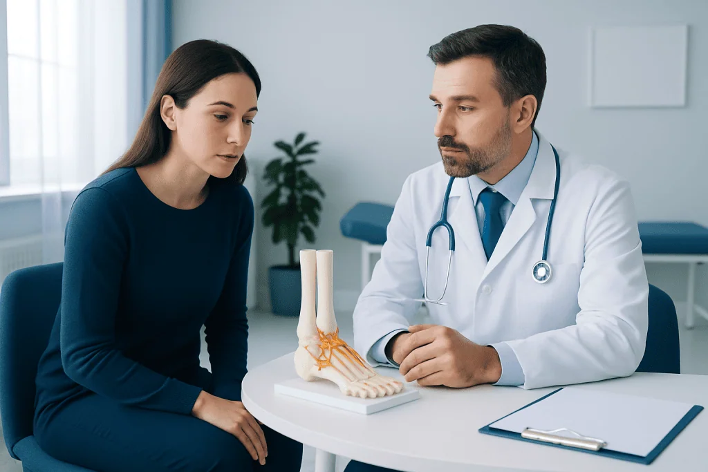 Doctor explaining ankle ligament anatomy to a patient in a clinic setting.