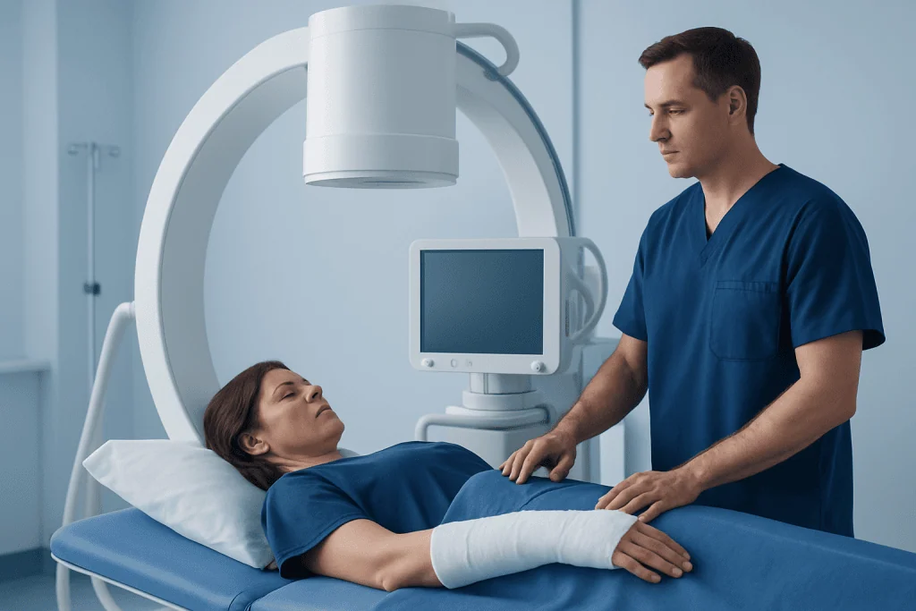 Medical professional examines patient with arm cast in hospital.