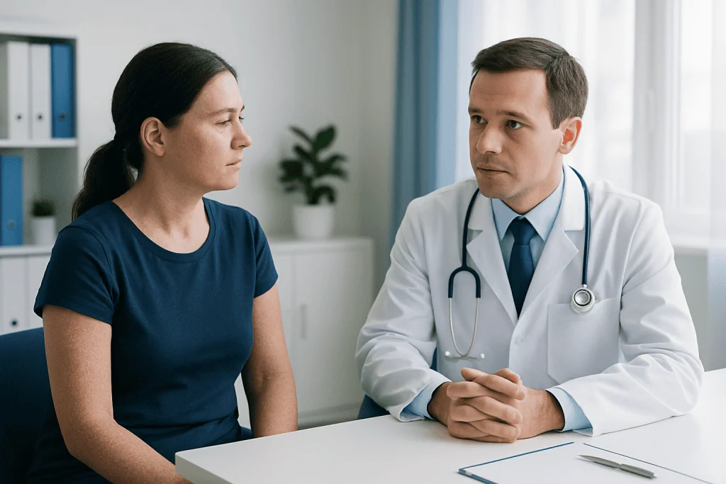 Doctor consulting with a female patient in a medical office setting.