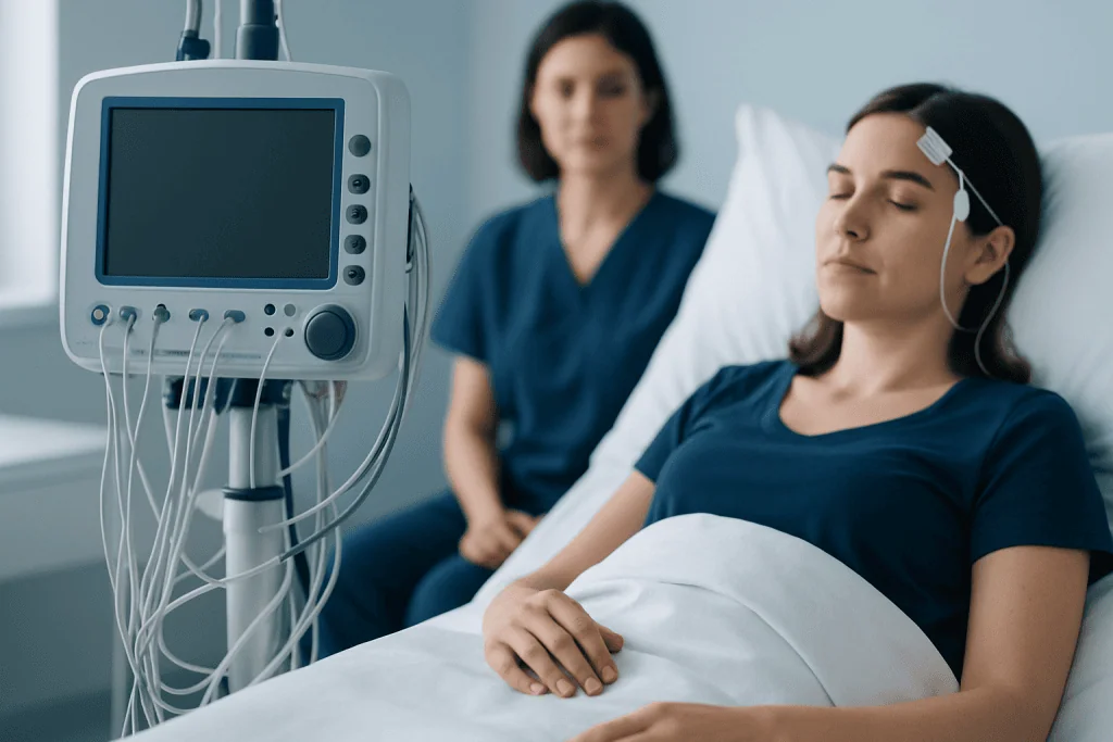 Patient undergoing sleep study with monitoring equipment at Acibadem Hospitals.