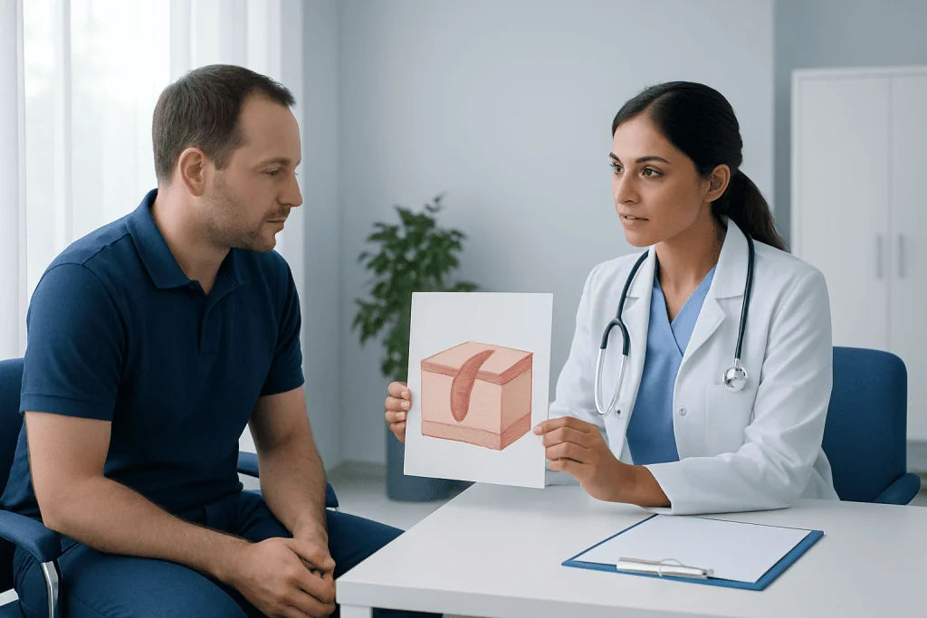 Doctor explaining scar tissue to patient with diagram in a medical consultation.