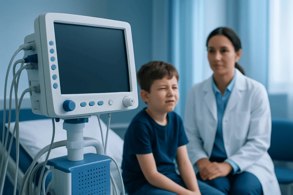 Child in a hospital with medical monitor and doctor.
