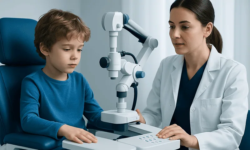 Pediatric neurologist examining a child's brain activity with a microscope.