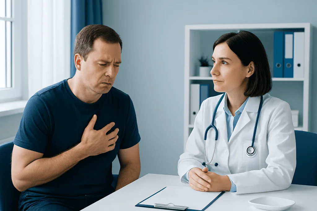 Doctor examining a patient with chest discomfort in a clinic setting.